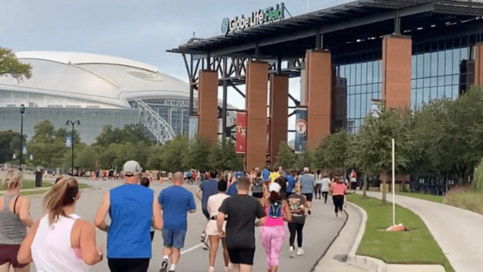 3 image of runners in front of Globe Life Field and AT&T Stadium in Arlington, TX for the Big Texas Run 5K/10K