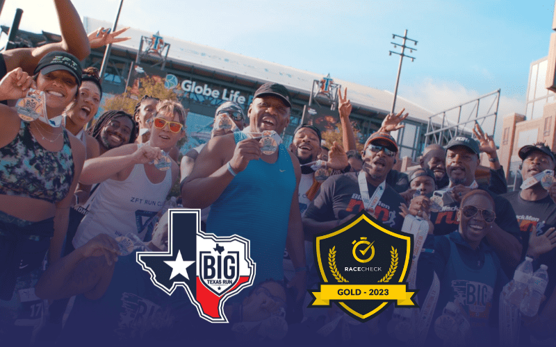 Big Texas Run 2024 – stack.com Press Release Image final press release image for Big Texas Run in Arlington, TX with runners celebrating with their medals in front of Globe Life Field