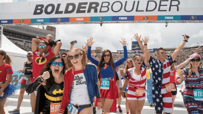 BolderBoulder PR images BolderBoulder race runners celebrating at race in Boulder, Colorado